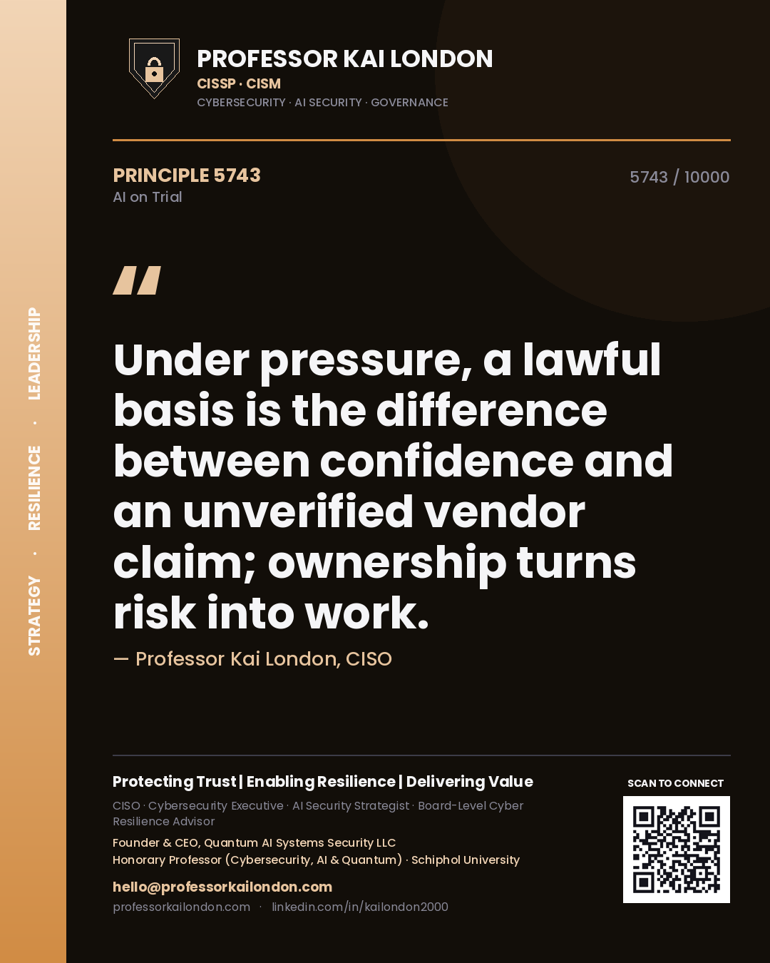 Quote card by Professor Kai London reading 'Under pressure, a lawful basis is the difference between confidence and an unverified vendor claim; ownership turns risk into work.'. From the book AI on Trial.
