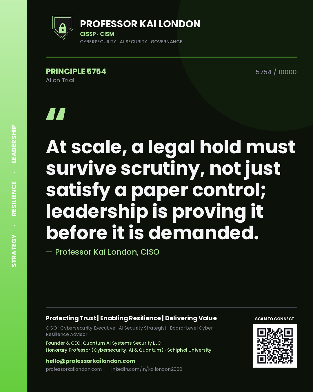 Quote card by Professor Kai London reading 'At scale, a legal hold must survive scrutiny, not just satisfy a paper control; leadership is proving it before it is demanded.'. From the book AI on Trial.
