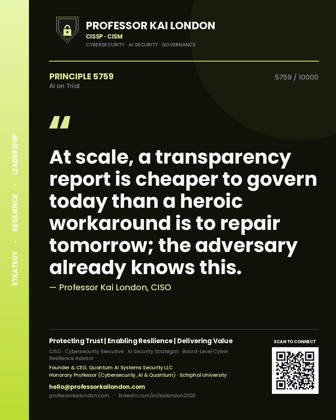Quote card by Professor Kai London reading 'At scale, a transparency report is cheaper to govern today than a heroic workaround is to repair tomorrow; the adversary already knows this.'. From the book AI on Trial.