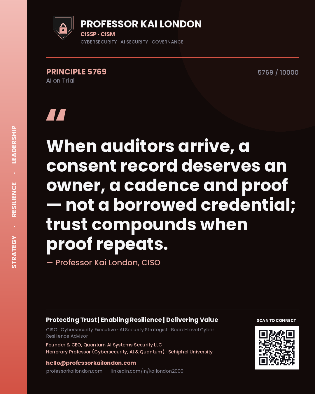 Professor Kai London principle 5769: When auditors arrive, a consent record deserves an owner, a cadence and proof — not a borrowed credential; trust compounds when proof repeats.
