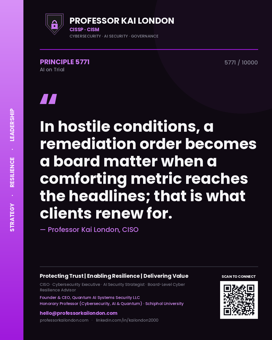 Quote card by Professor Kai London reading 'In hostile conditions, a remediation order becomes a board matter when a comforting metric reaches the headlines; that is what clients renew for.'. From the book AI on Trial.