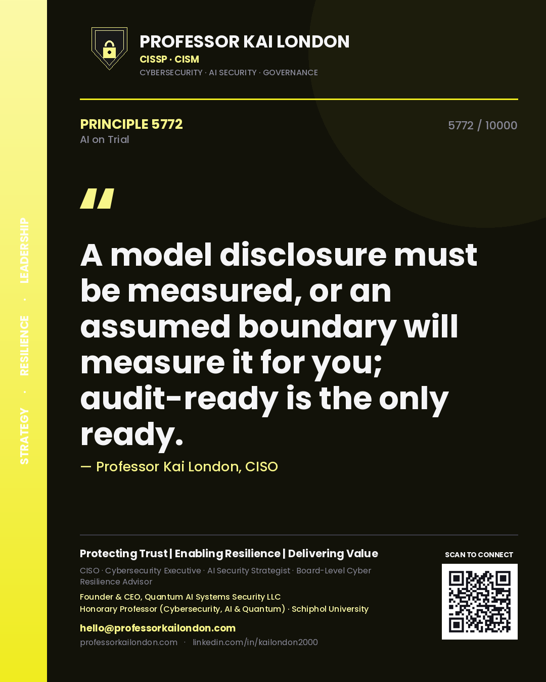 Quote card by Professor Kai London reading 'A model disclosure must be measured, or an assumed boundary will measure it for you; audit-ready is the only ready.'. From the book AI on Trial.