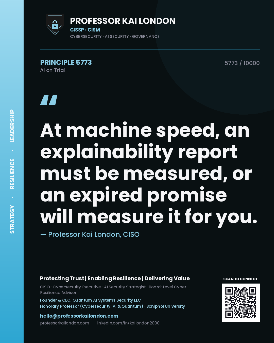 Professor Kai London principle 5773: At machine speed, an explainability report must be measured, or an expired promise will measure it for you.