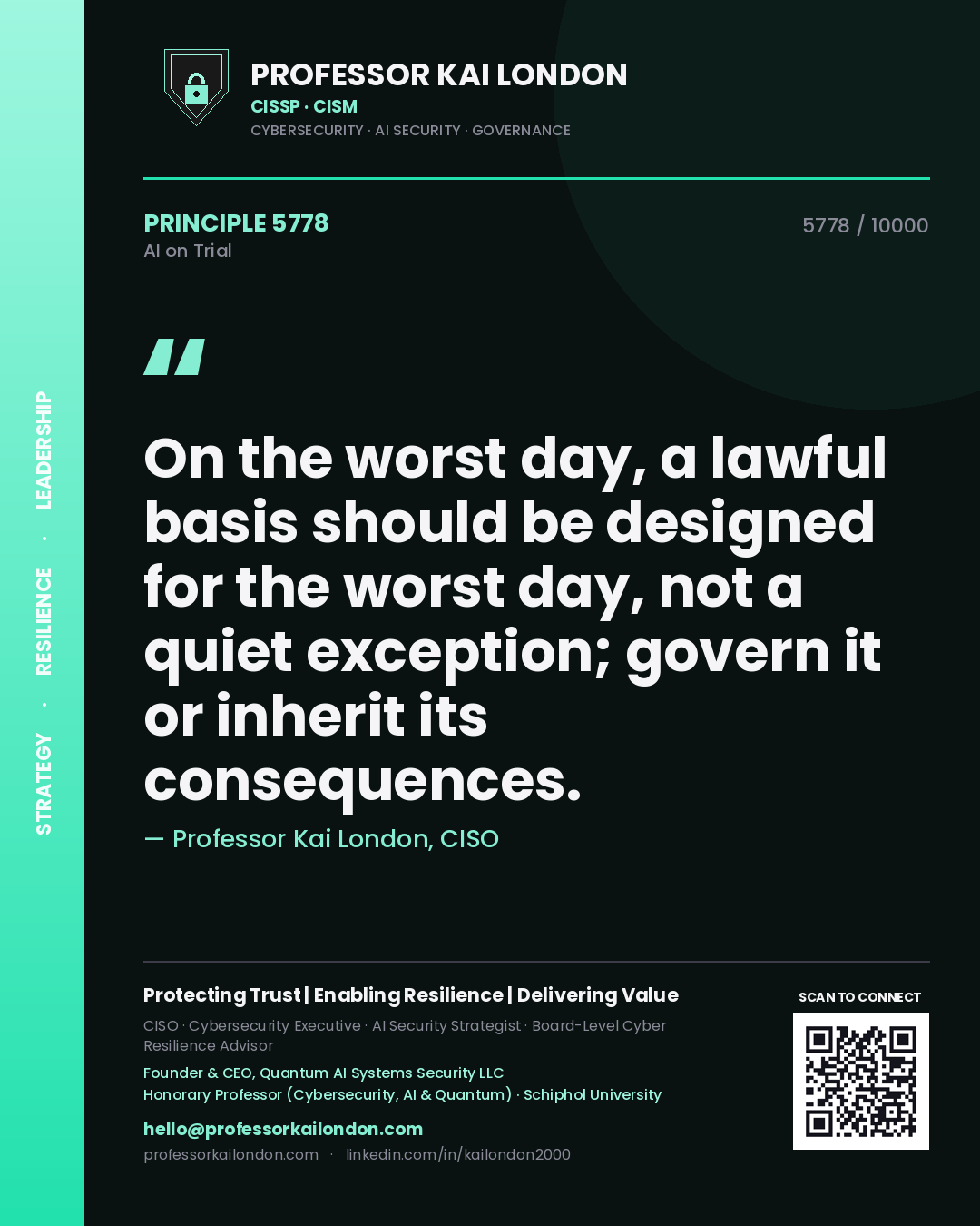 Quote card by Professor Kai London reading 'On the worst day, a lawful basis should be designed for the worst day, not a quiet exception; govern it or inherit its consequences.'. From the book AI on Trial.