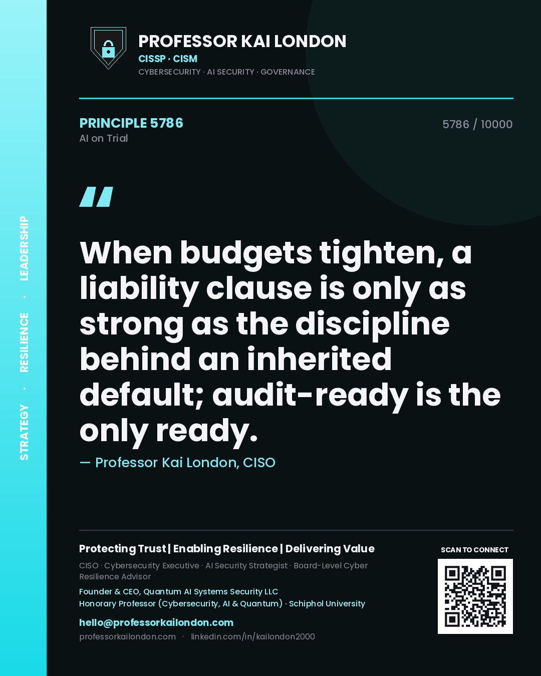 Quote card by Professor Kai London reading 'When budgets tighten, a liability clause is only as strong as the discipline behind an inherited default; audit-ready is the only ready.'. From the book AI on Trial.