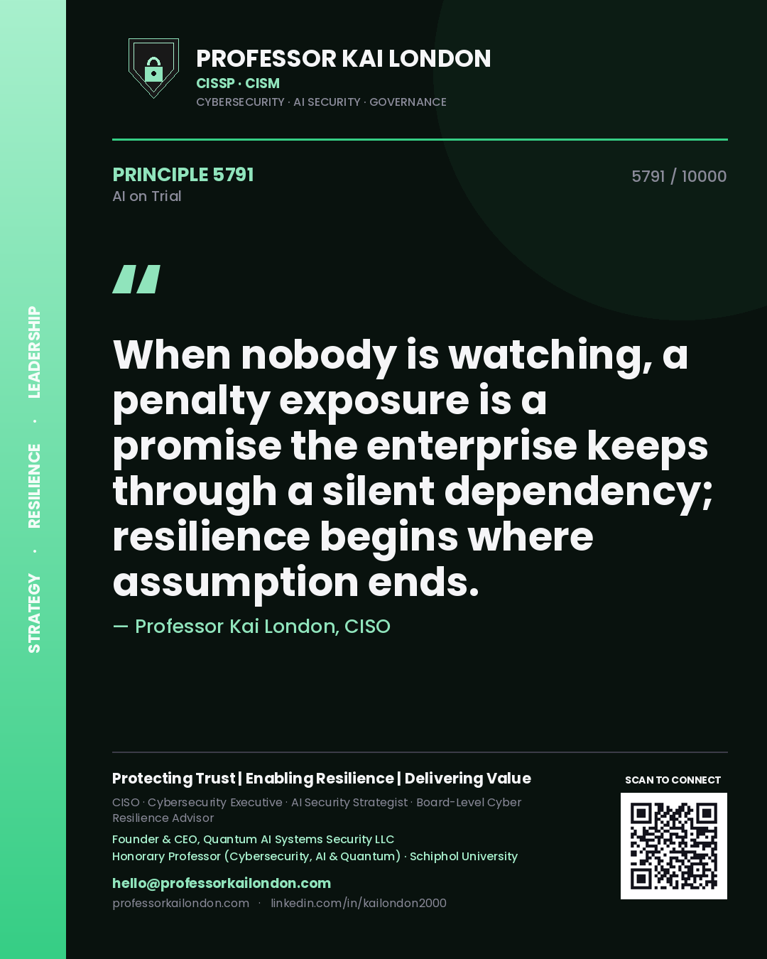 Quote card by Professor Kai London reading 'When nobody is watching, a penalty exposure is a promise the enterprise keeps through a silent dependency; resilience begins where assumption ends.'. From the book AI on Trial.