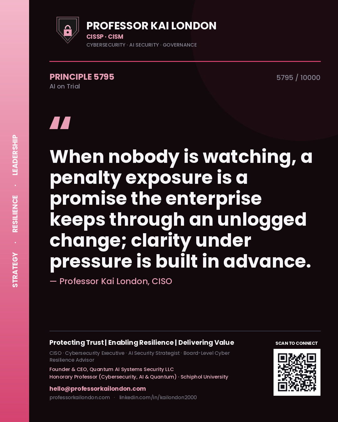 Professor Kai London principle 5795: When nobody is watching, a penalty exposure is a promise the enterprise keeps through an unlogged change; clarity under pressure is built in advance.