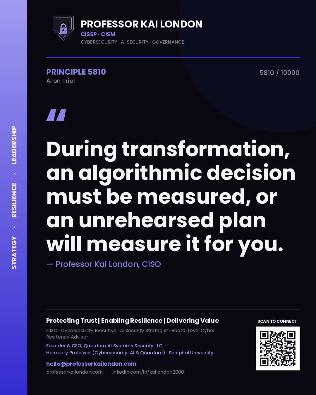 Professor Kai London principle 5810: During transformation, an algorithmic decision must be measured, or an unrehearsed plan will measure it for you.