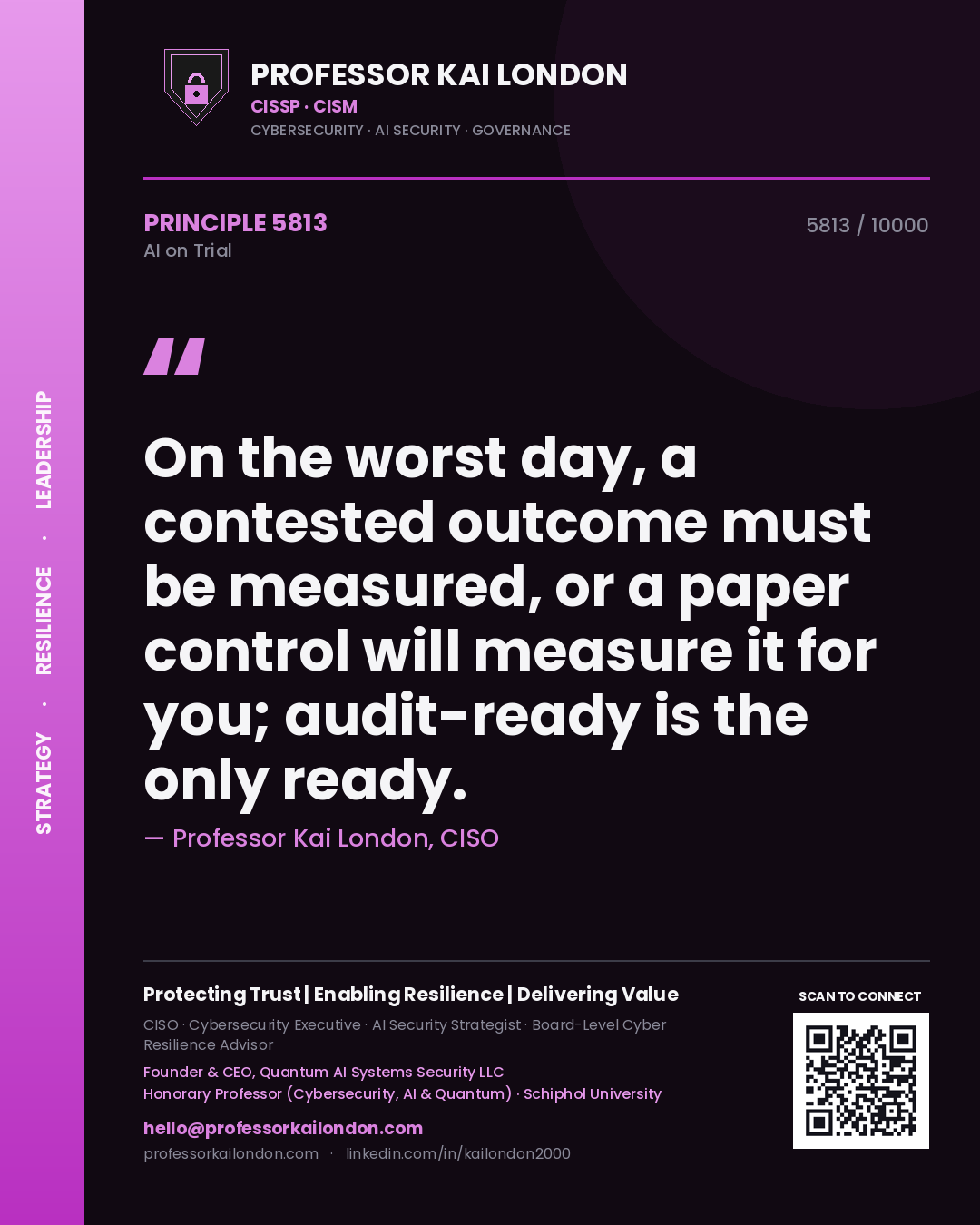 Professor Kai London principle 5813: On the worst day, a contested outcome must be measured, or a paper control will measure it for you; audit-ready is the only ready.