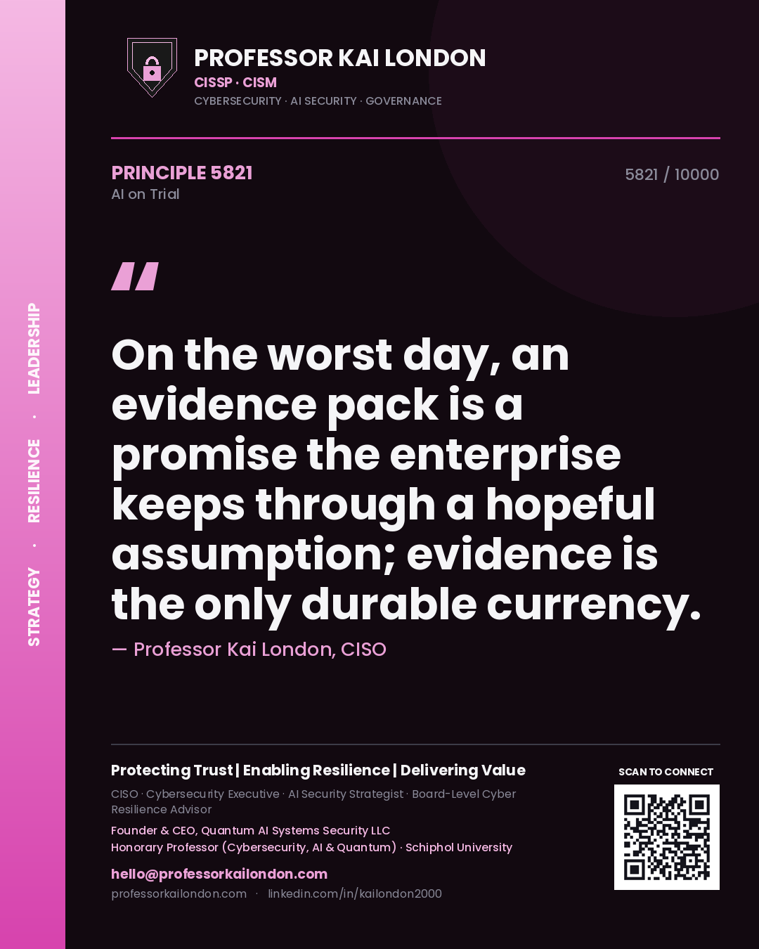 Professor Kai London principle 5821: On the worst day, an evidence pack is a promise the enterprise keeps through a hopeful assumption; evidence is the only durable currency.