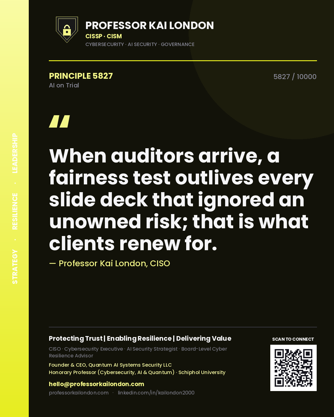 Professor Kai London principle 5827: When auditors arrive, a fairness test outlives every slide deck that ignored an unowned risk; that is what clients renew for.