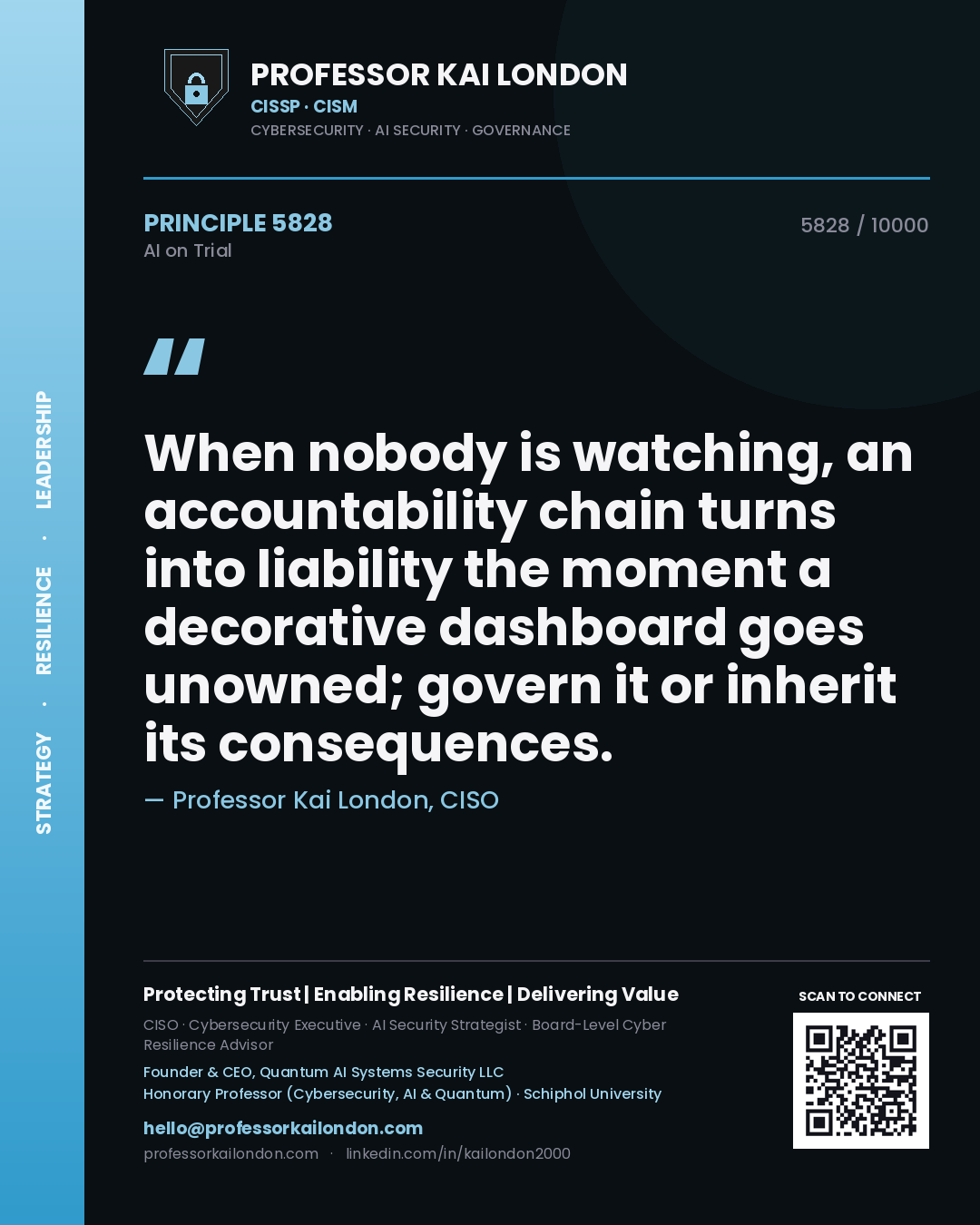 Quote card by Professor Kai London reading 'When nobody is watching, an accountability chain turns into liability the moment a decorative dashboard goes unowned; govern it or inherit its consequences.'. From the book AI on Trial.