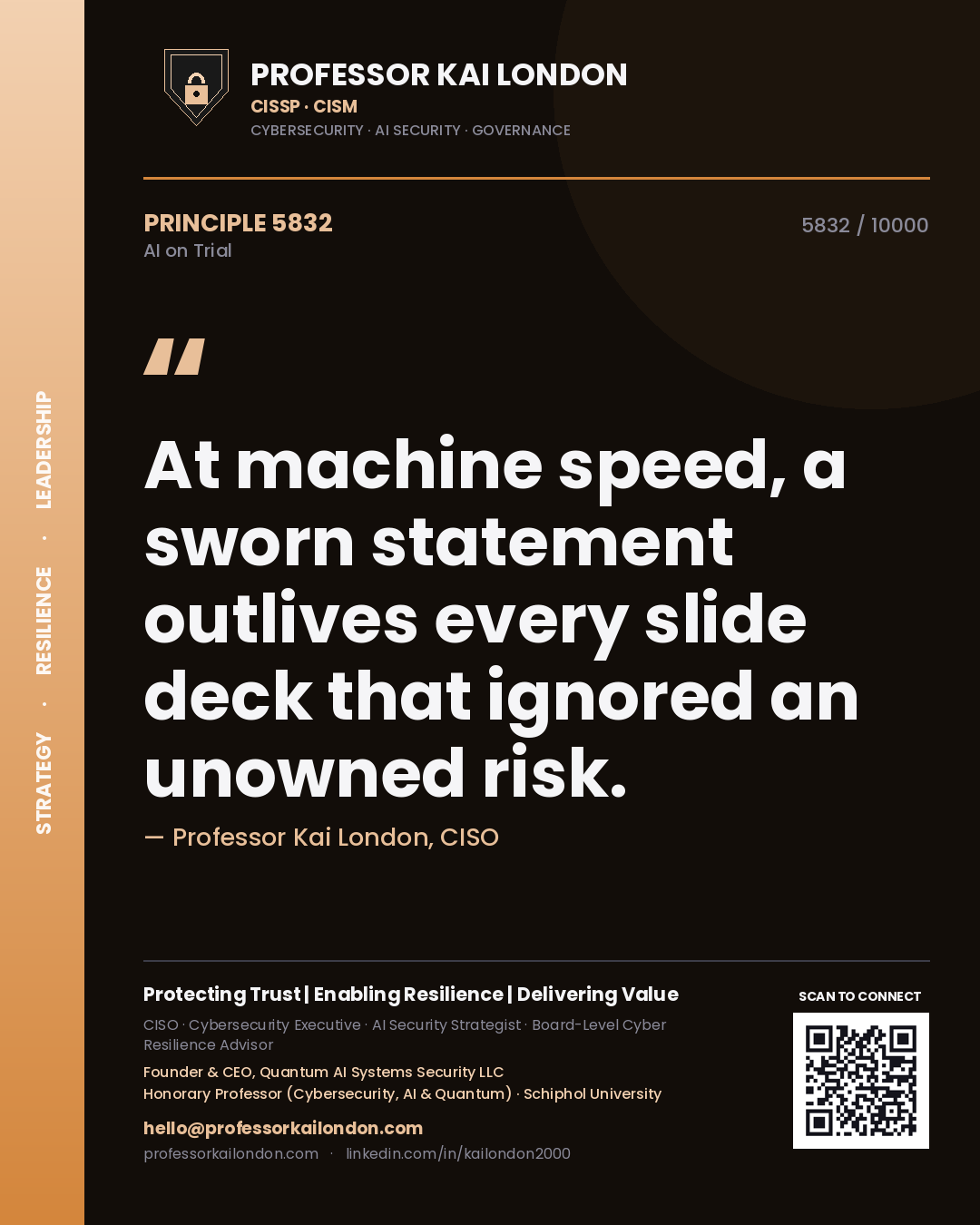Quote card by Professor Kai London reading 'At machine speed, a sworn statement outlives every slide deck that ignored an unowned risk.'. From the book AI on Trial.