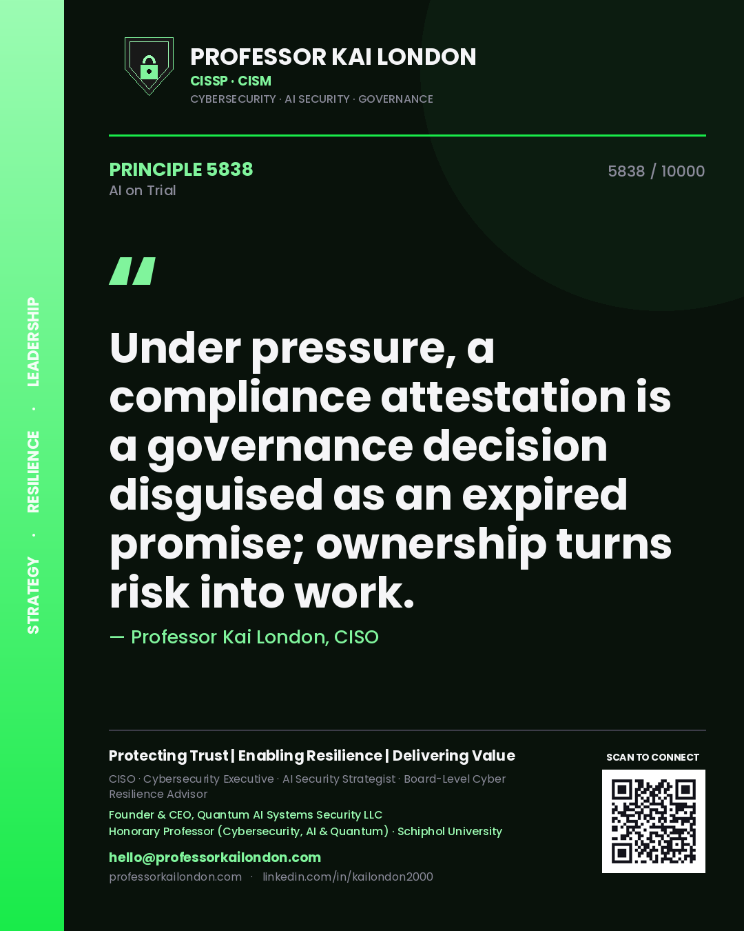 Professor Kai London principle 5838: Under pressure, a compliance attestation is a governance decision disguised as an expired promise; ownership turns risk into work.