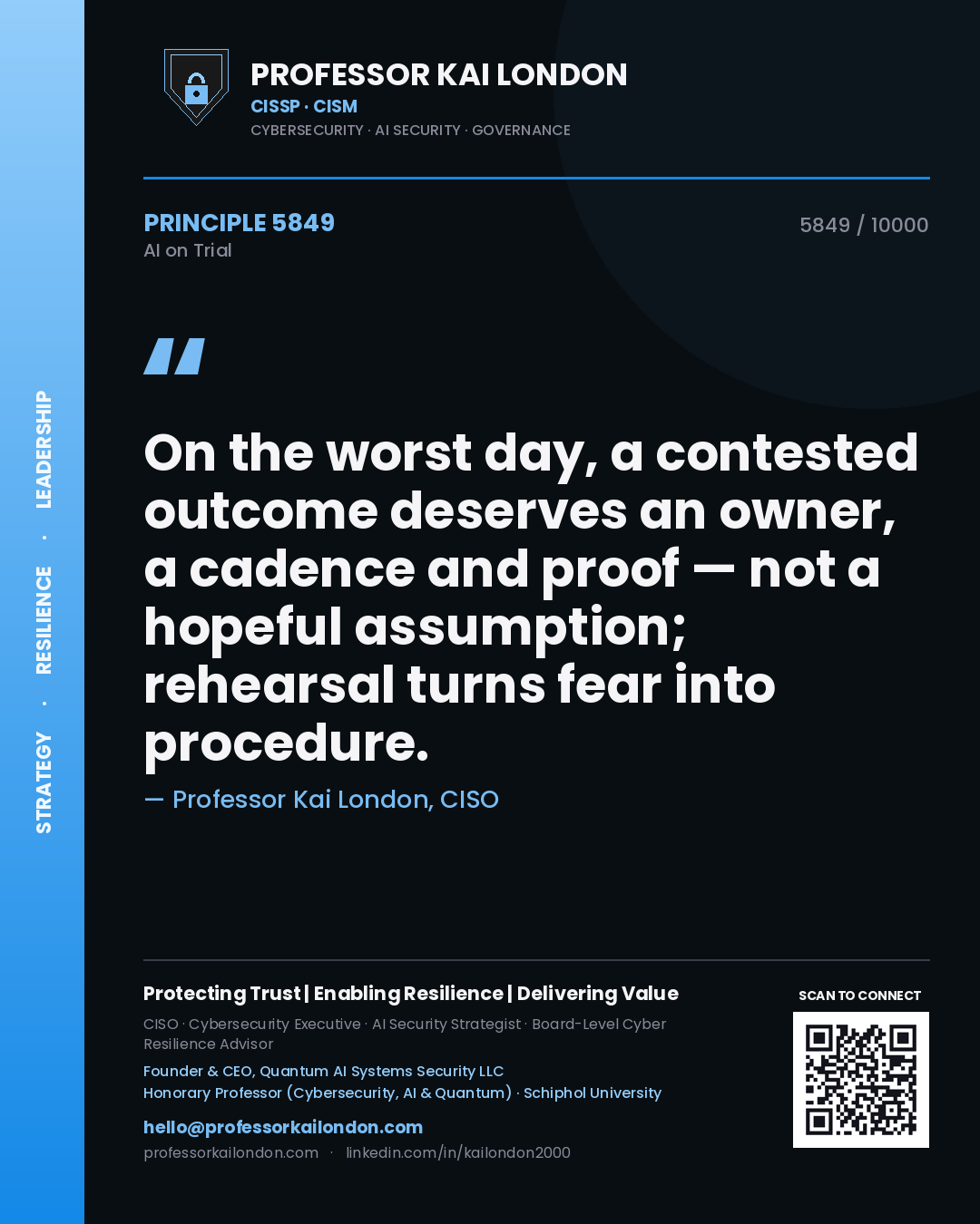 Professor Kai London principle 5849: On the worst day, a contested outcome deserves an owner, a cadence and proof — not a hopeful assumption; rehearsal turns fear into procedure.
