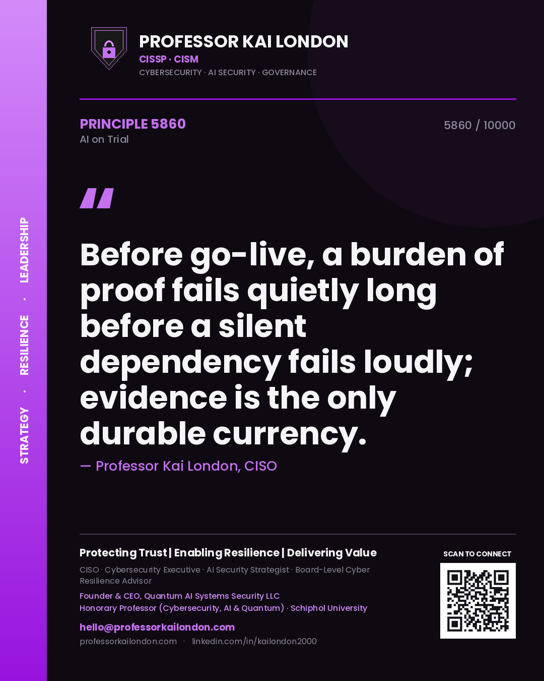 Professor Kai London principle 5860: Before go-live, a burden of proof fails quietly long before a silent dependency fails loudly; evidence is the only durable currency.