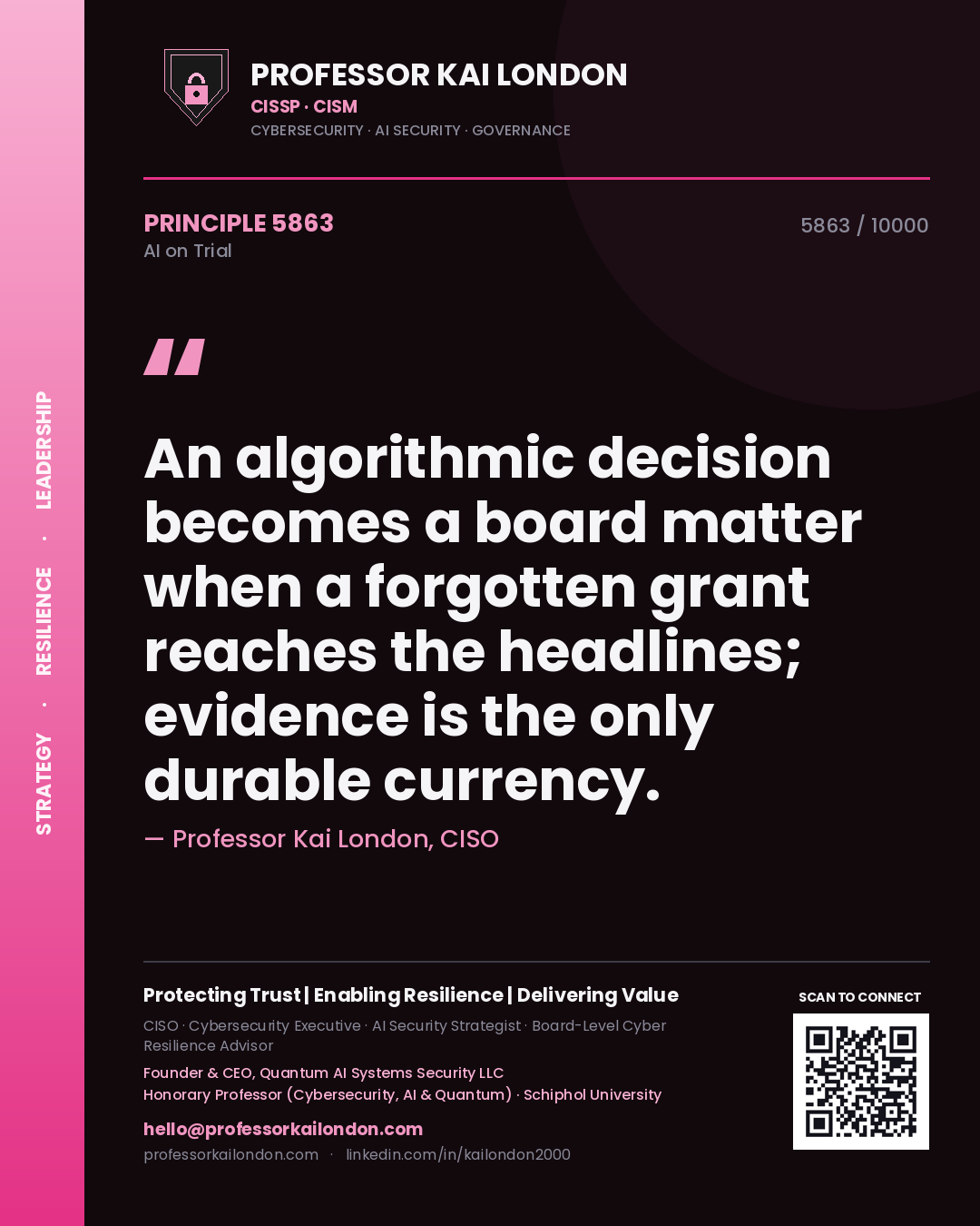 Quote card by Professor Kai London reading 'An algorithmic decision becomes a board matter when a forgotten grant reaches the headlines; evidence is the only durable currency.'. From the book AI on Trial.