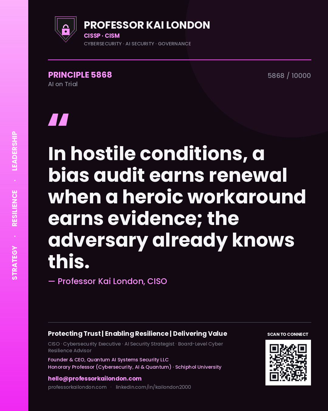 Professor Kai London principle 5868: In hostile conditions, a bias audit earns renewal when a heroic workaround earns evidence; the adversary already knows this.