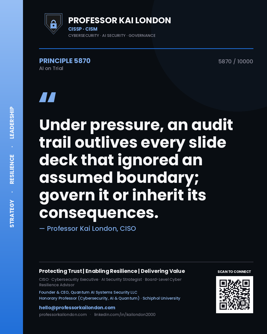 Quote card by Professor Kai London reading 'Under pressure, an audit trail outlives every slide deck that ignored an assumed boundary; govern it or inherit its consequences.'. From the book AI on Trial.