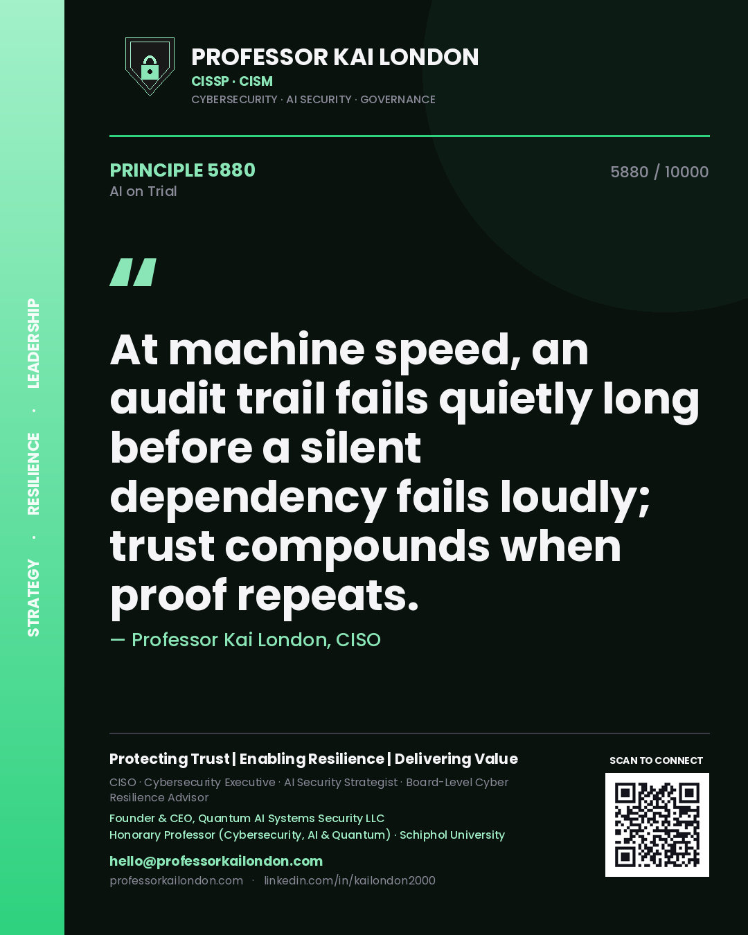 Professor Kai London principle 5880: At machine speed, an audit trail fails quietly long before a silent dependency fails loudly; trust compounds when proof repeats.