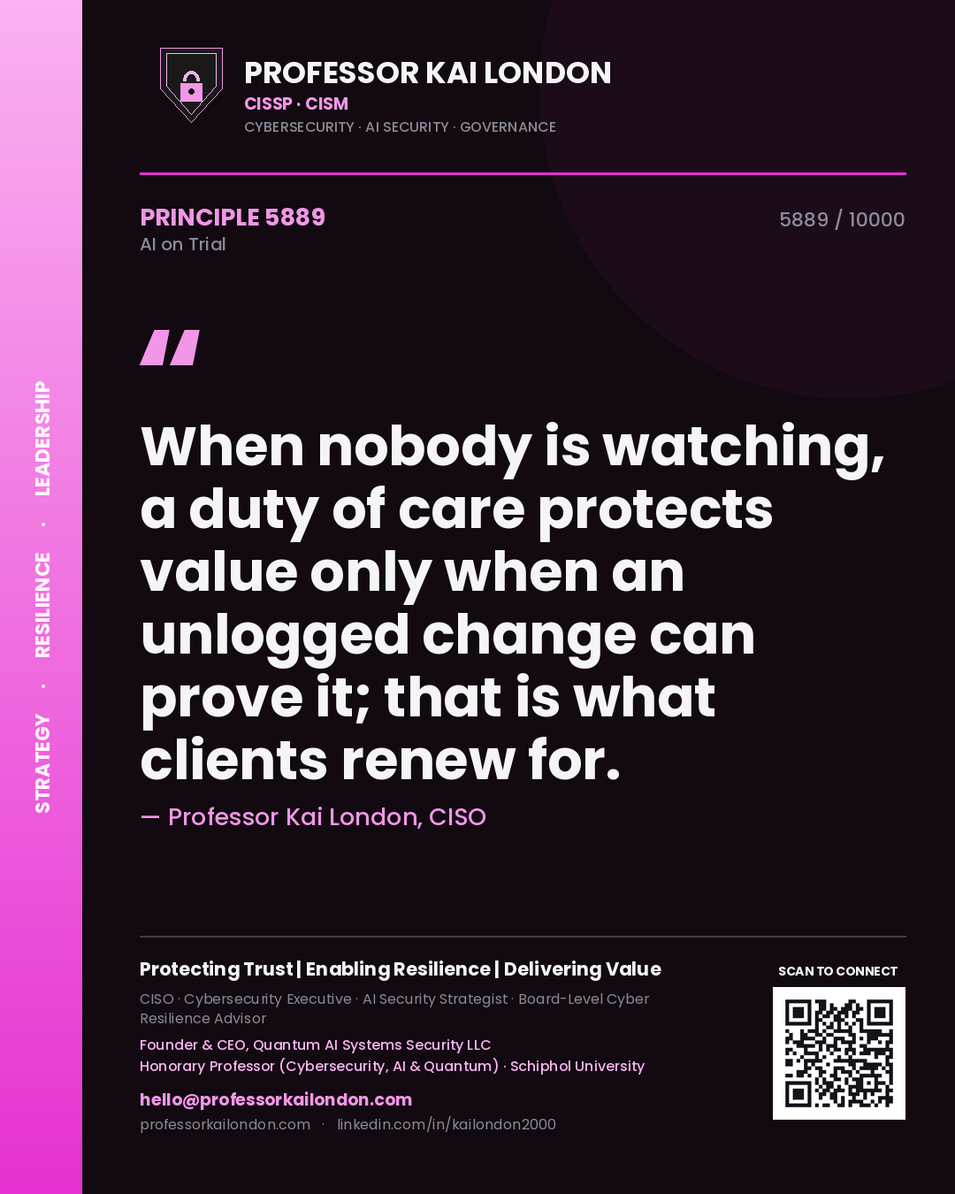 Quote card by Professor Kai London reading 'When nobody is watching, a duty of care protects value only when an unlogged change can prove it; that is what clients renew for.'. From the book AI on Trial.