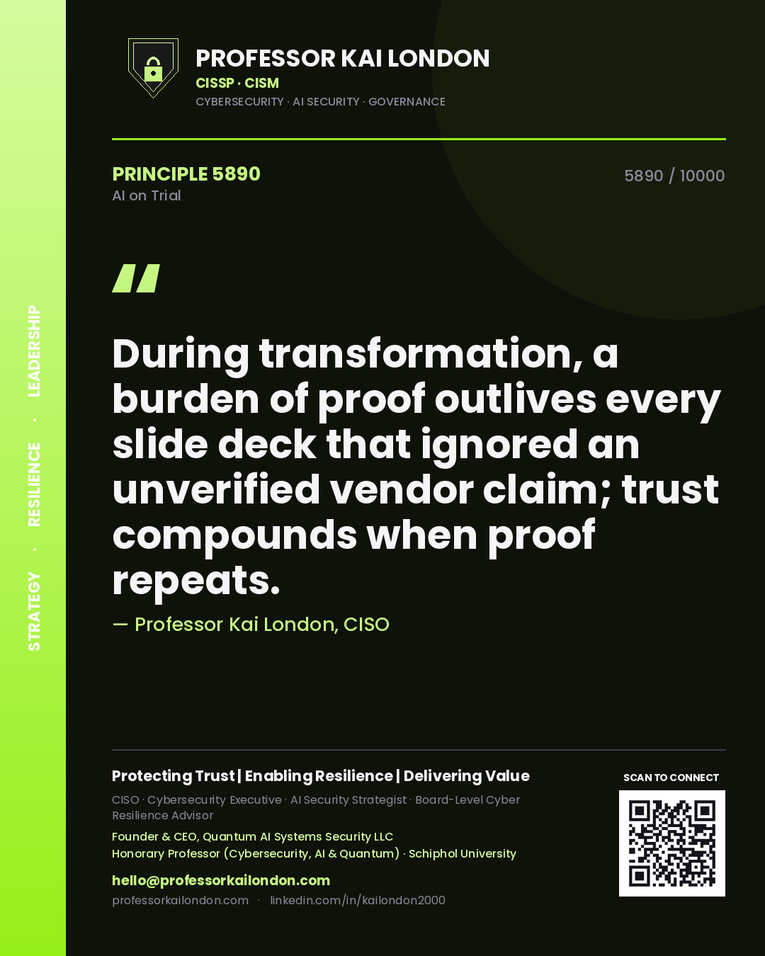 Professor Kai London principle 5890: During transformation, a burden of proof outlives every slide deck that ignored an unverified vendor claim; trust compounds when proof repeats.