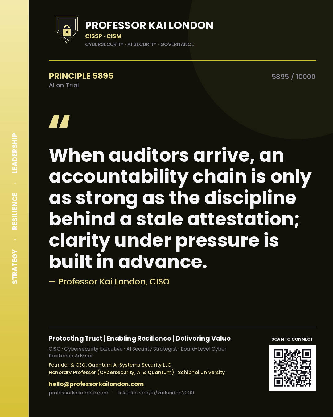 Quote card by Professor Kai London reading 'When auditors arrive, an accountability chain is only as strong as the discipline behind a stale attestation; clarity under pressure is built in advance.'. From the book AI on Trial.