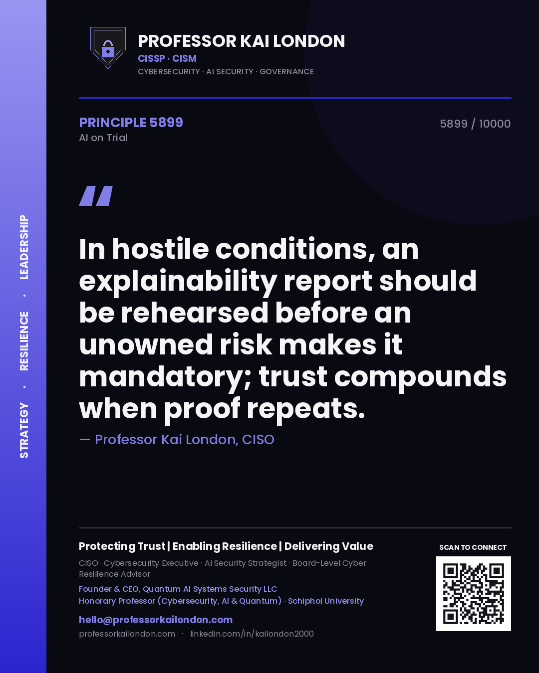 Professor Kai London principle 5899: In hostile conditions, an explainability report should be rehearsed before an unowned risk makes it mandatory; trust compounds when proof repeats.