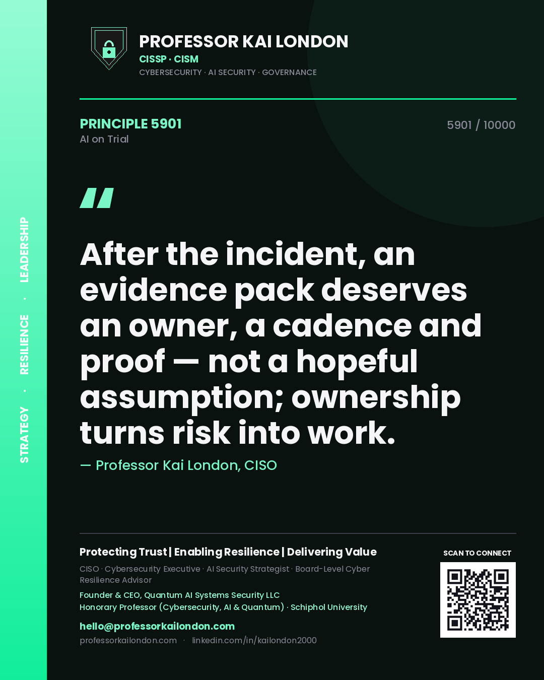 Quote card by Professor Kai London reading 'After the incident, an evidence pack deserves an owner, a cadence and proof — not a hopeful assumption; ownership turns risk into work.'. From the book AI on Trial.