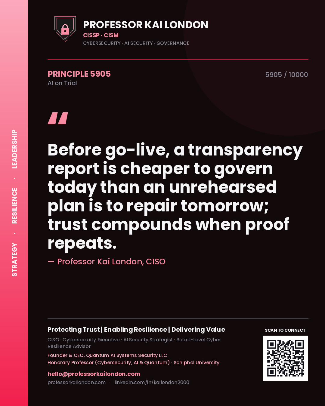 Professor Kai London principle 5905: Before go-live, a transparency report is cheaper to govern today than an unrehearsed plan is to repair tomorrow; trust compounds when proof repeats.
