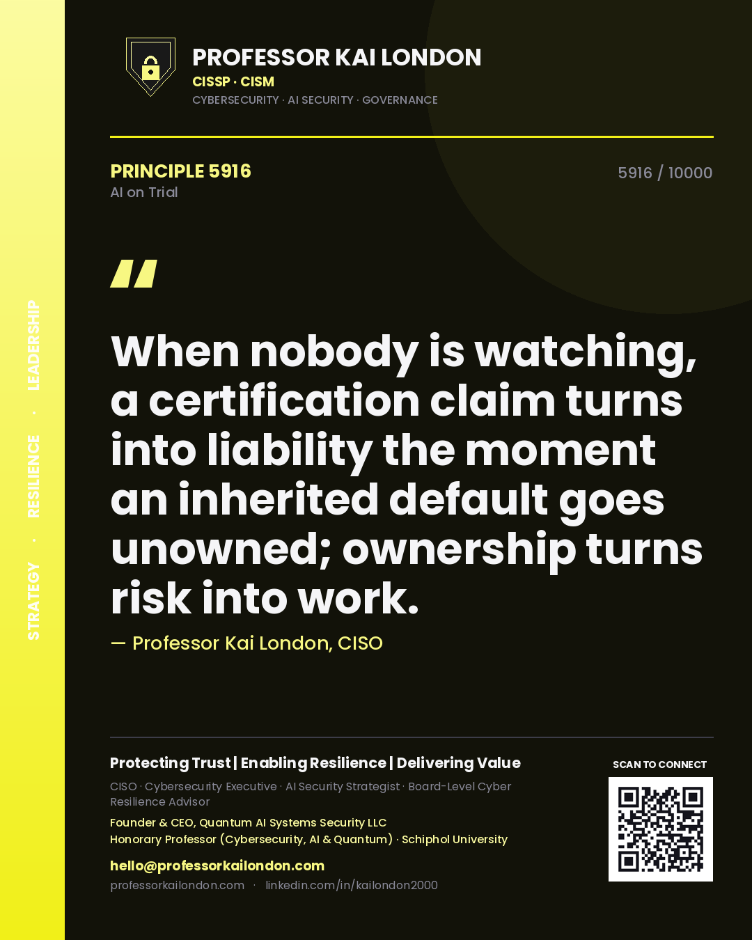 Quote card by Professor Kai London reading 'When nobody is watching, a certification claim turns into liability the moment an inherited default goes unowned; ownership turns risk into work.'. From the book AI on Trial.