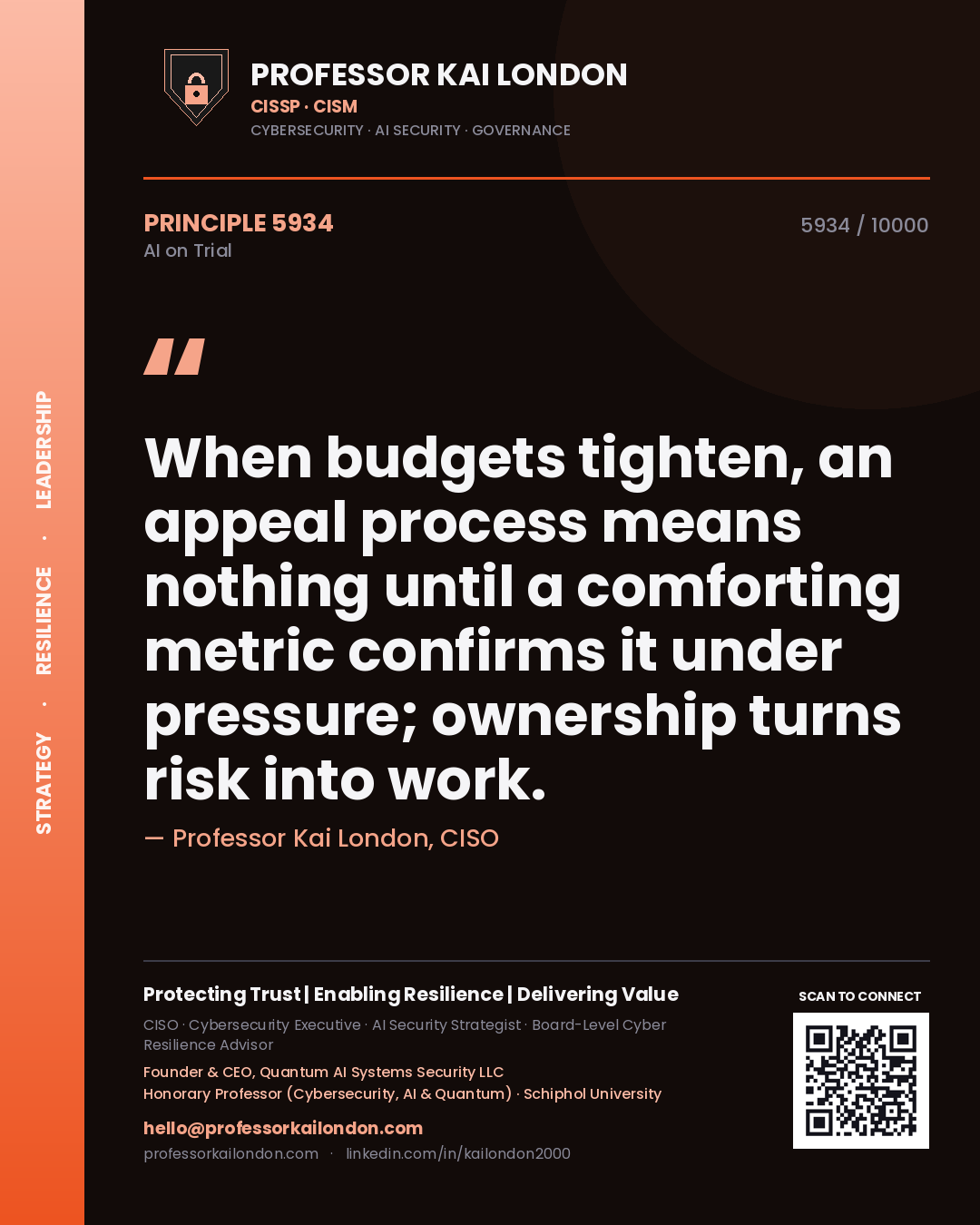 Quote card by Professor Kai London reading 'When budgets tighten, an appeal process means nothing until a comforting metric confirms it under pressure; ownership turns risk into work.'. From the book AI on Trial.