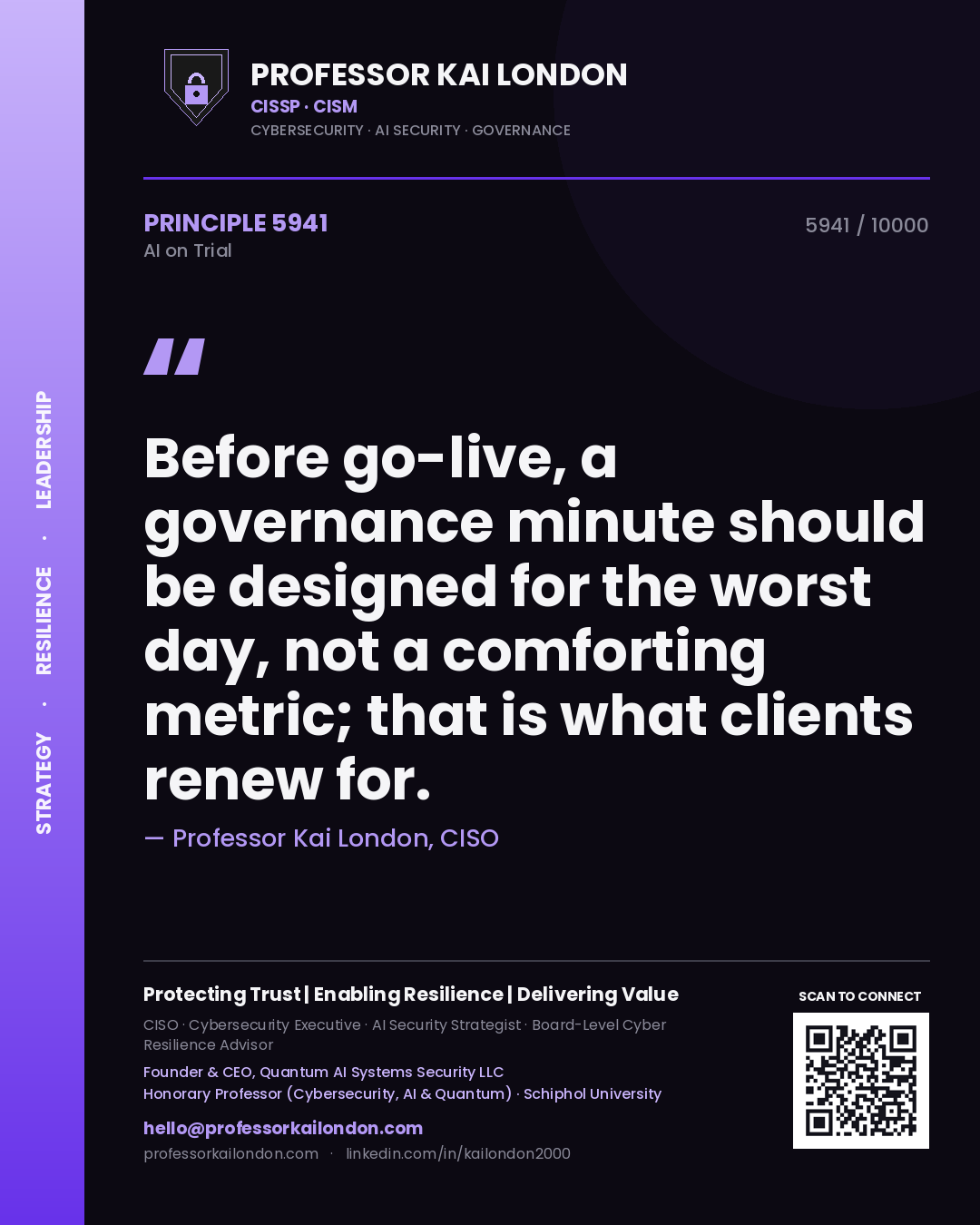 Professor Kai London principle 5941: Before go-live, a governance minute should be designed for the worst day, not a comforting metric; that is what clients renew for.
