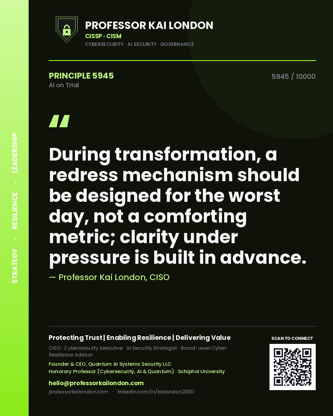 Quote card by Professor Kai London reading 'During transformation, a redress mechanism should be designed for the worst day, not a comforting metric; clarity under pressure is built in advance.'. From the book AI on Trial.