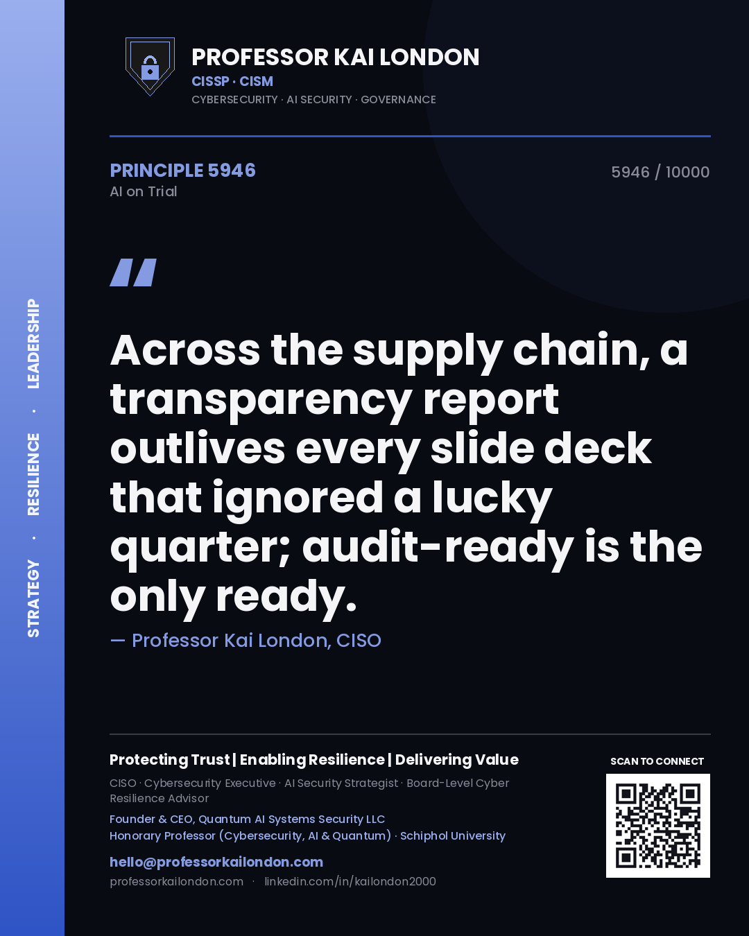 Professor Kai London principle 5946: Across the supply chain, a transparency report outlives every slide deck that ignored a lucky quarter; audit-ready is the only ready.