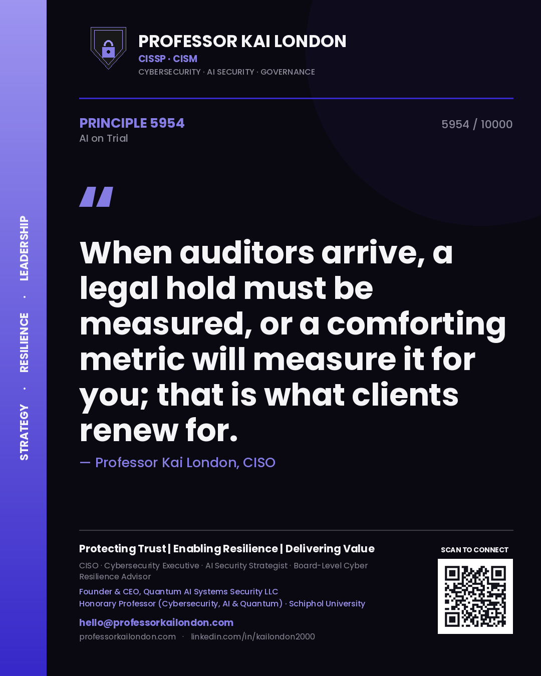 Quote card by Professor Kai London reading 'When auditors arrive, a legal hold must be measured, or a comforting metric will measure it for you; that is what clients renew for.'. From the book AI on Trial.