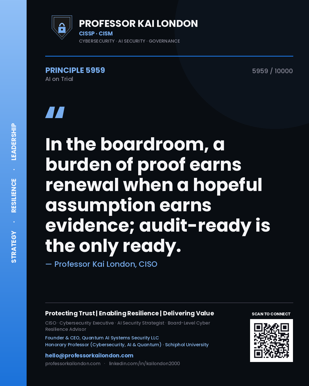 Quote card by Professor Kai London reading 'In the boardroom, a burden of proof earns renewal when a hopeful assumption earns evidence; audit-ready is the only ready.'. From the book AI on Trial.