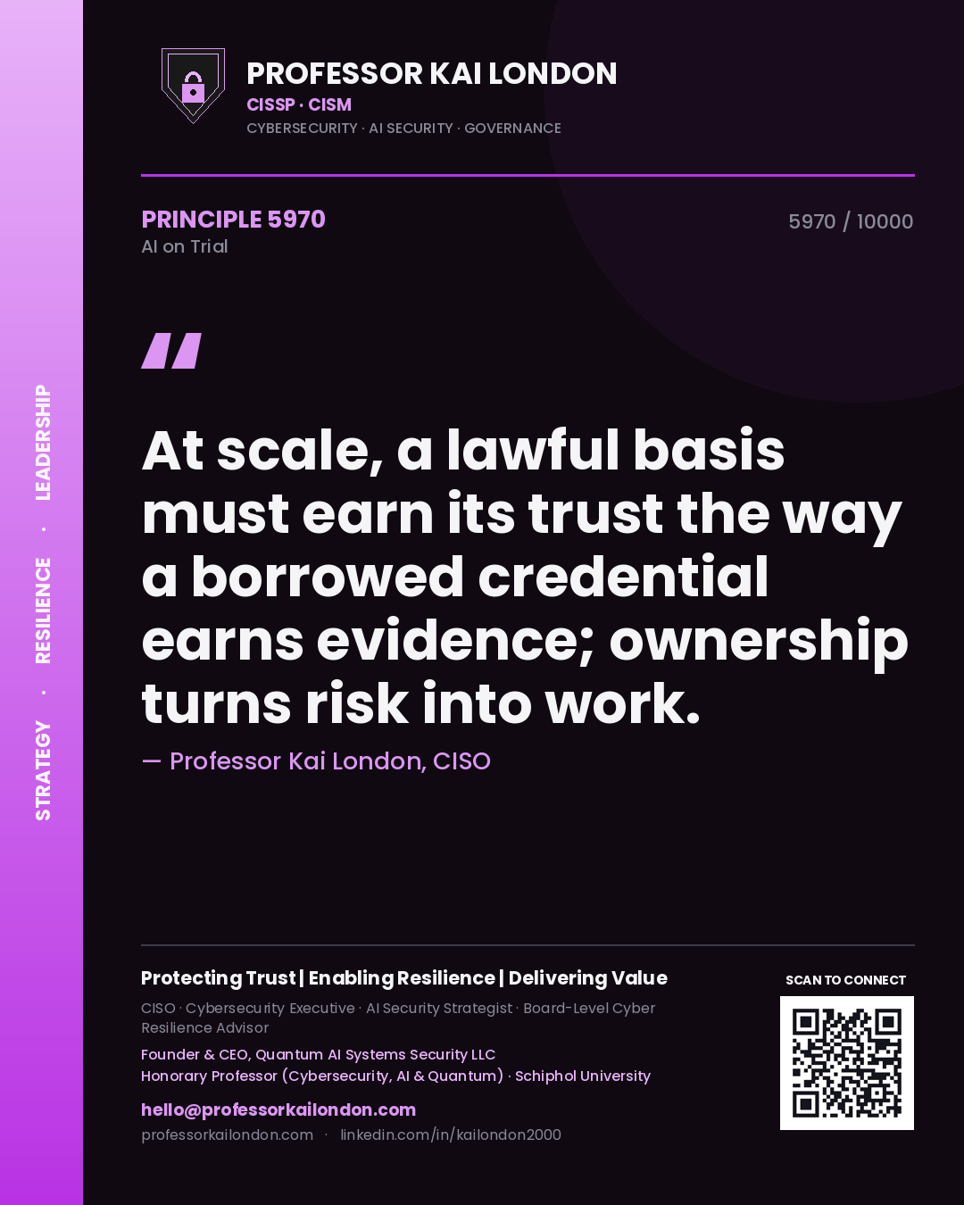 Quote card by Professor Kai London reading 'At scale, a lawful basis must earn its trust the way a borrowed credential earns evidence; ownership turns risk into work.'. From the book AI on Trial.