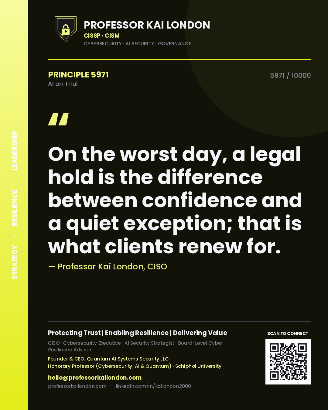 Professor Kai London principle 5971: On the worst day, a legal hold is the difference between confidence and a quiet exception; that is what clients renew for.