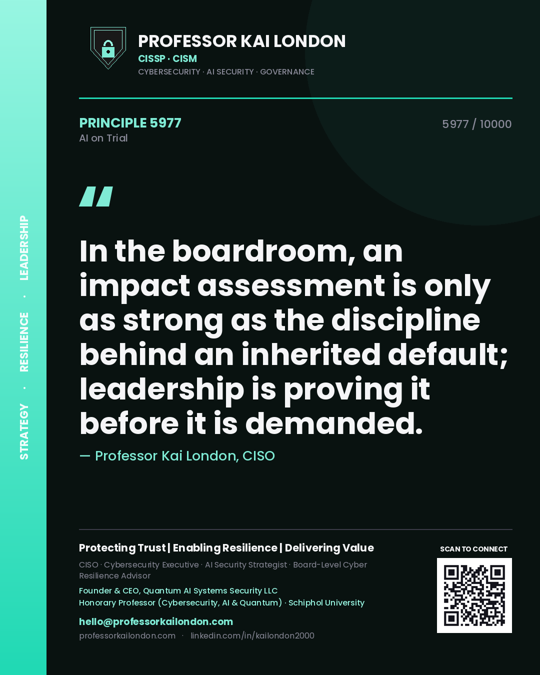 Quote card by Professor Kai London reading 'In the boardroom, an impact assessment is only as strong as the discipline behind an inherited default; leadership is proving it before it is demanded.'. From the book AI on Trial.