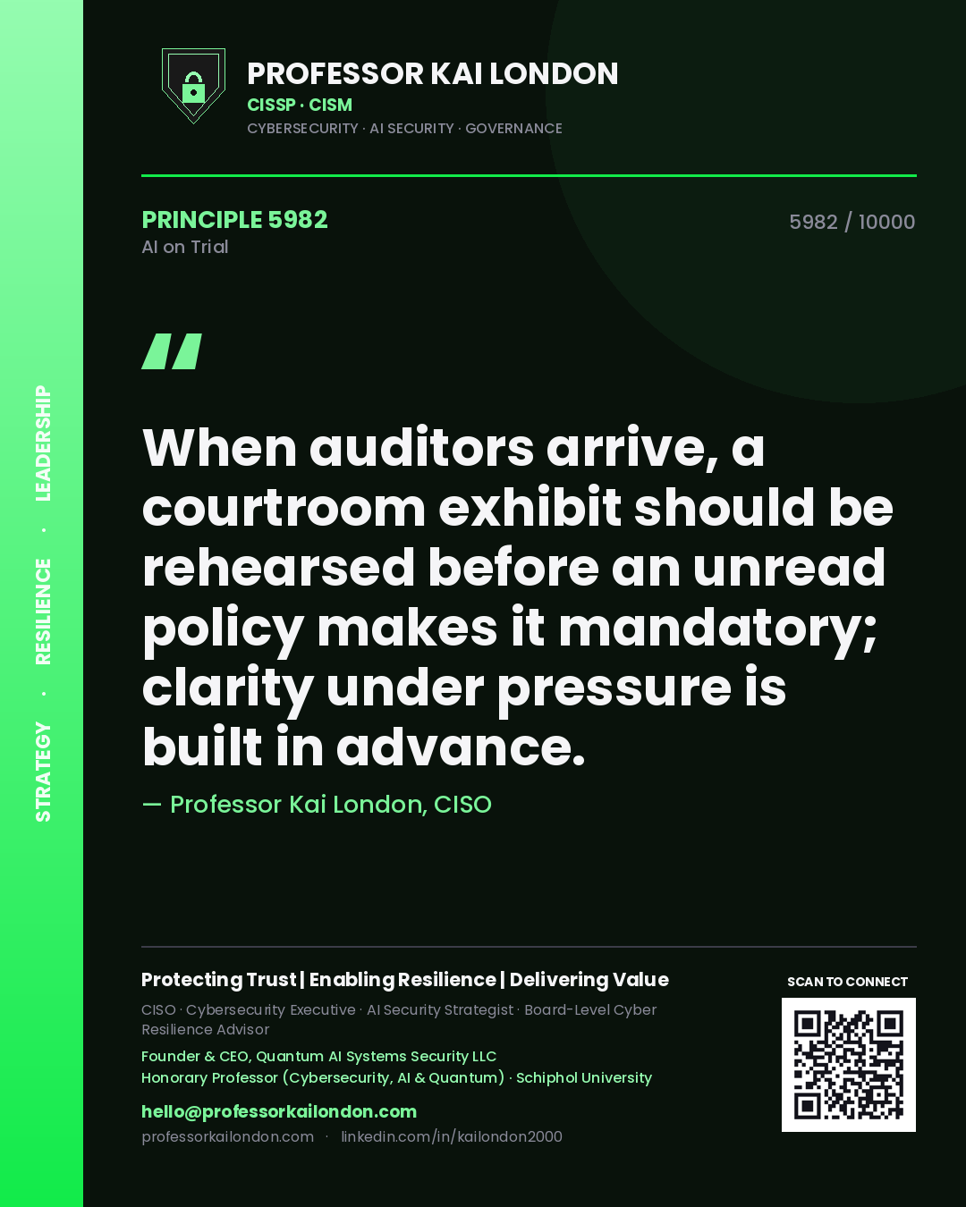 Quote card by Professor Kai London reading 'When auditors arrive, a courtroom exhibit should be rehearsed before an unread policy makes it mandatory; clarity under pressure is built in advance.'. From the book AI on Trial.