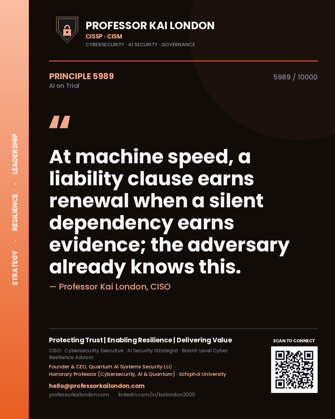 Professor Kai London principle 5989: At machine speed, a liability clause earns renewal when a silent dependency earns evidence; the adversary already knows this.
