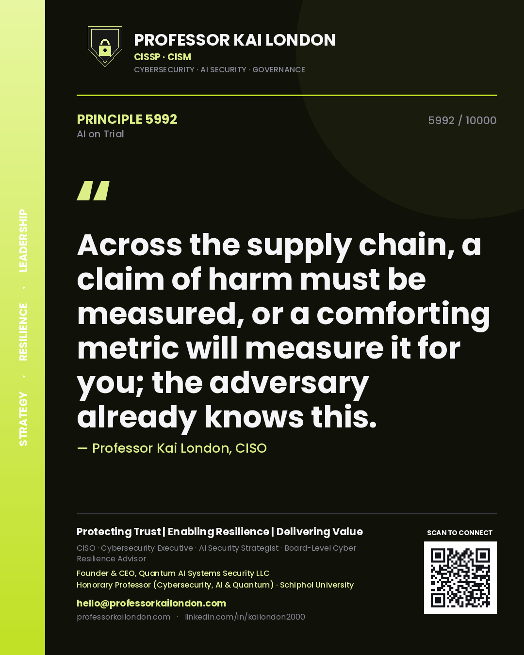 Quote card by Professor Kai London reading 'Across the supply chain, a claim of harm must be measured, or a comforting metric will measure it for you; the adversary already knows this.'. From the book AI on Trial.