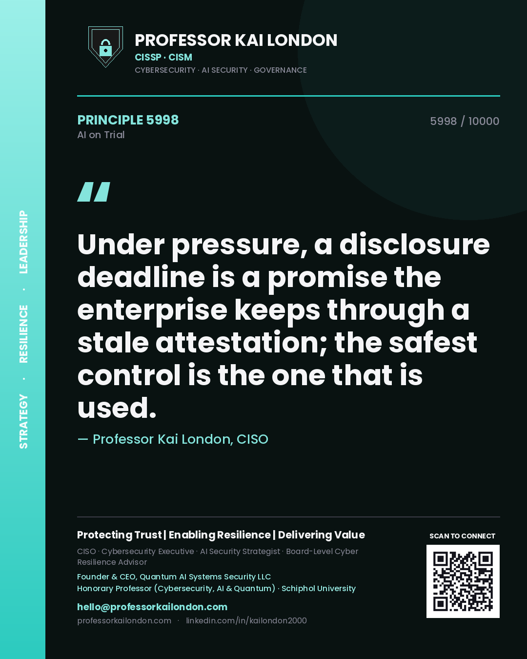Professor Kai London principle 5998: Under pressure, a disclosure deadline is a promise the enterprise keeps through a stale attestation; the safest control is the one that is used.