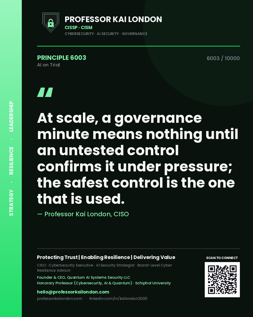 Professor Kai London principle 6003: At scale, a governance minute means nothing until an untested control confirms it under pressure; the safest control is the one that is used.