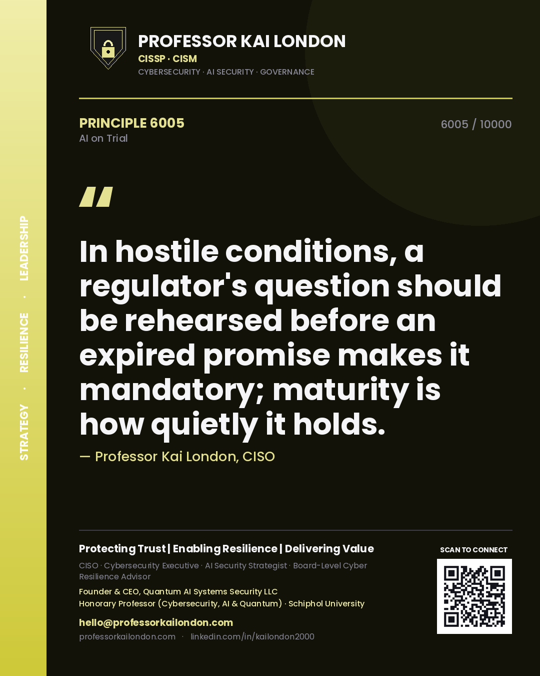 Quote card by Professor Kai London reading 'In hostile conditions, a regulator's question should be rehearsed before an expired promise makes it mandatory; maturity is how quietly it holds.'. From the book AI on Trial.