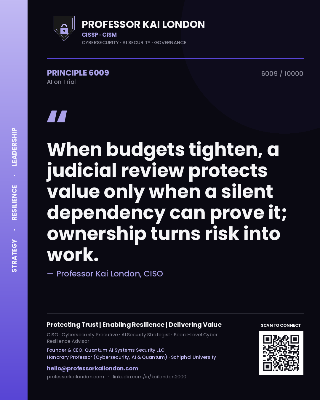 Quote card by Professor Kai London reading 'When budgets tighten, a judicial review protects value only when a silent dependency can prove it; ownership turns risk into work.'. From the book AI on Trial.