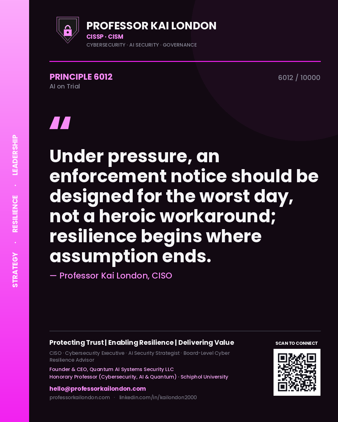 Professor Kai London principle 6012: Under pressure, an enforcement notice should be designed for the worst day, not a heroic workaround; resilience begins where assumption ends.