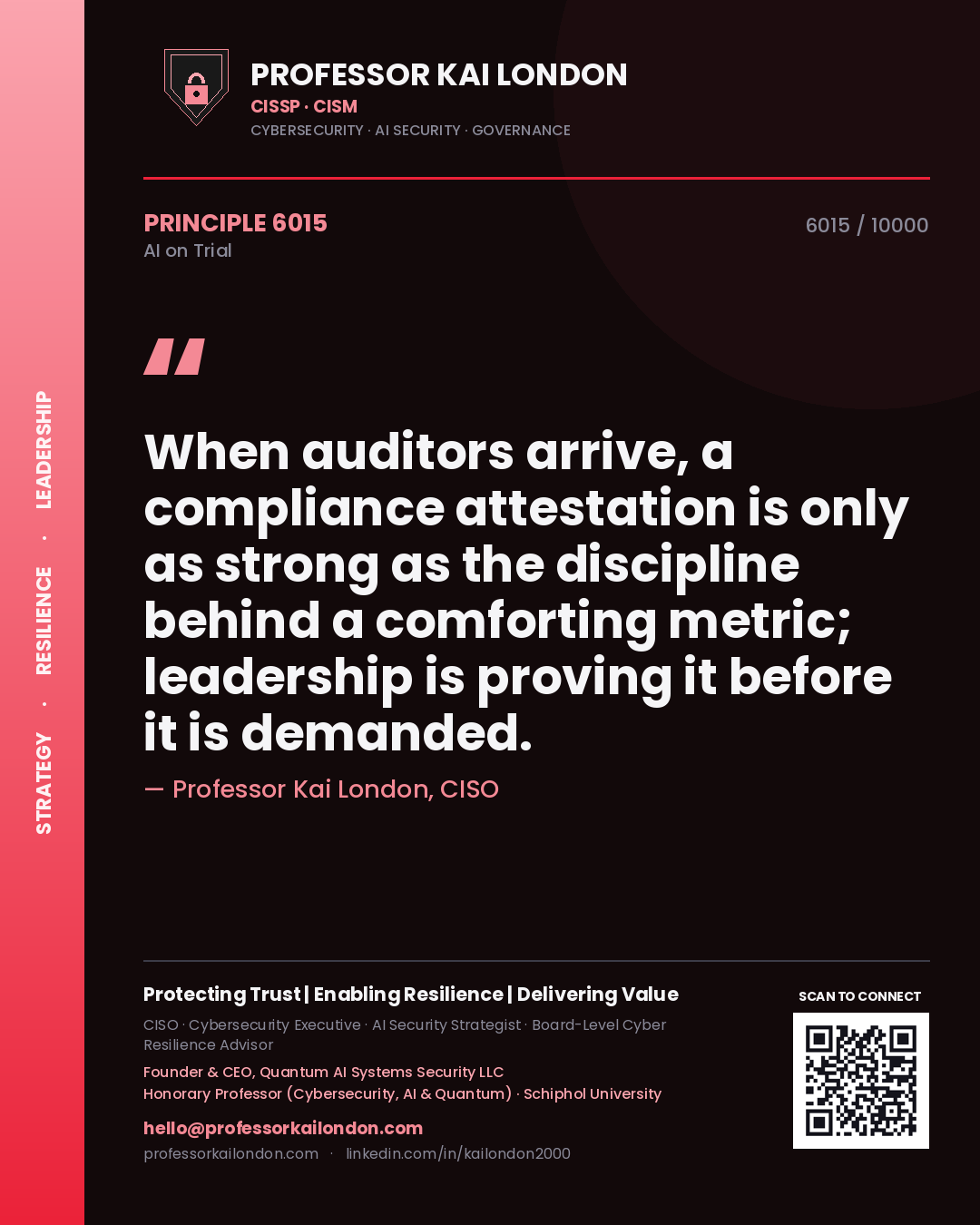Quote card by Professor Kai London reading 'When auditors arrive, a compliance attestation is only as strong as the discipline behind a comforting metric; leadership is proving it before it is demanded.'. From the book AI on Trial.