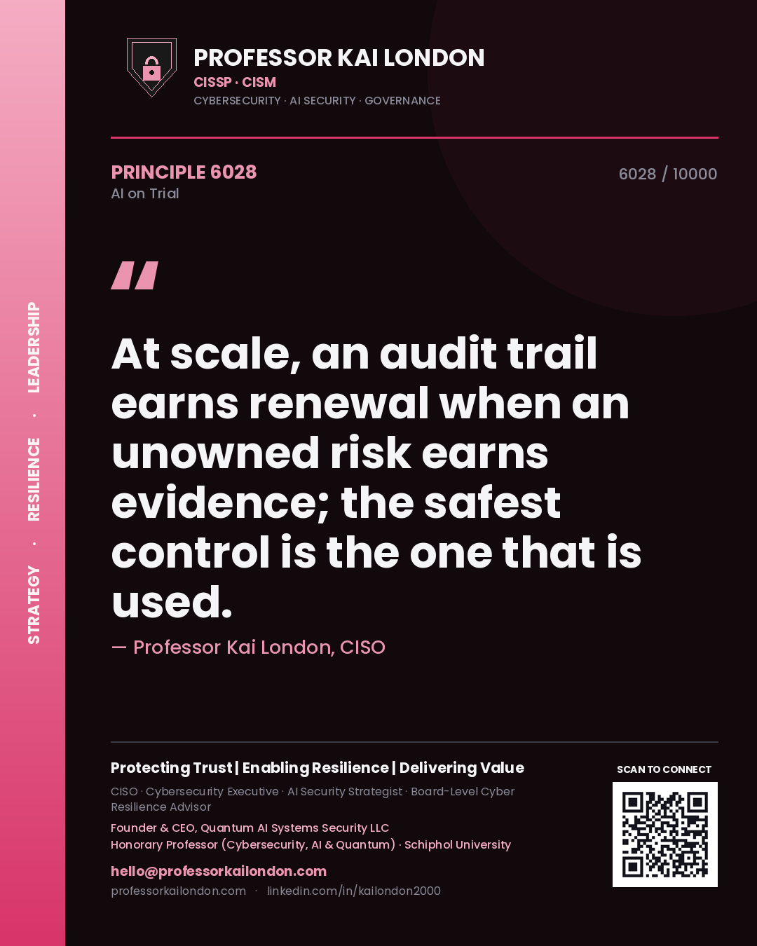 Professor Kai London principle 6028: At scale, an audit trail earns renewal when an unowned risk earns evidence; the safest control is the one that is used.
